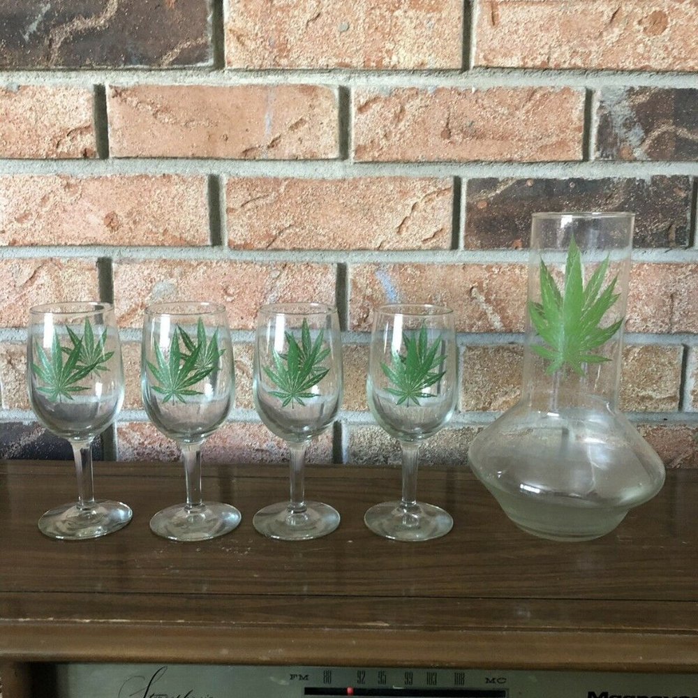 Vintage pot leaf wine decanter and wine glasses set of four 1970's